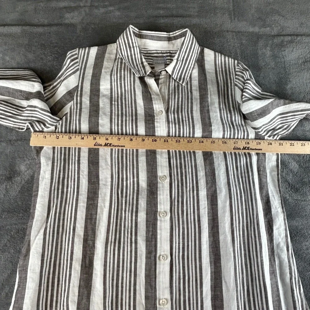 Chicos Striped Linen Cotton Swim Cover Up Shirt Dress Grey White Size 1P Medium‎